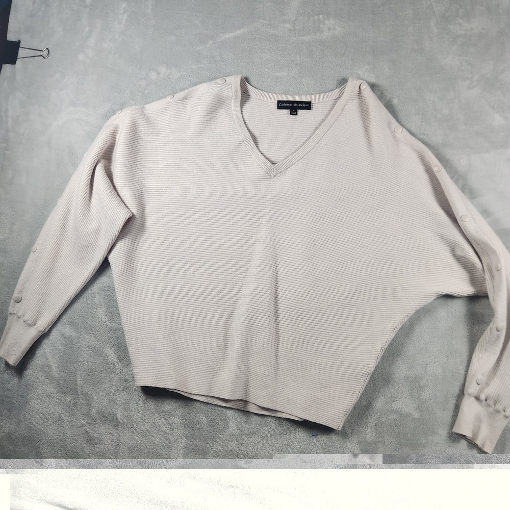 Catherine Malandrino Ribbed V-Neck Pullover Sweater Beige Medium Neutral Minimal